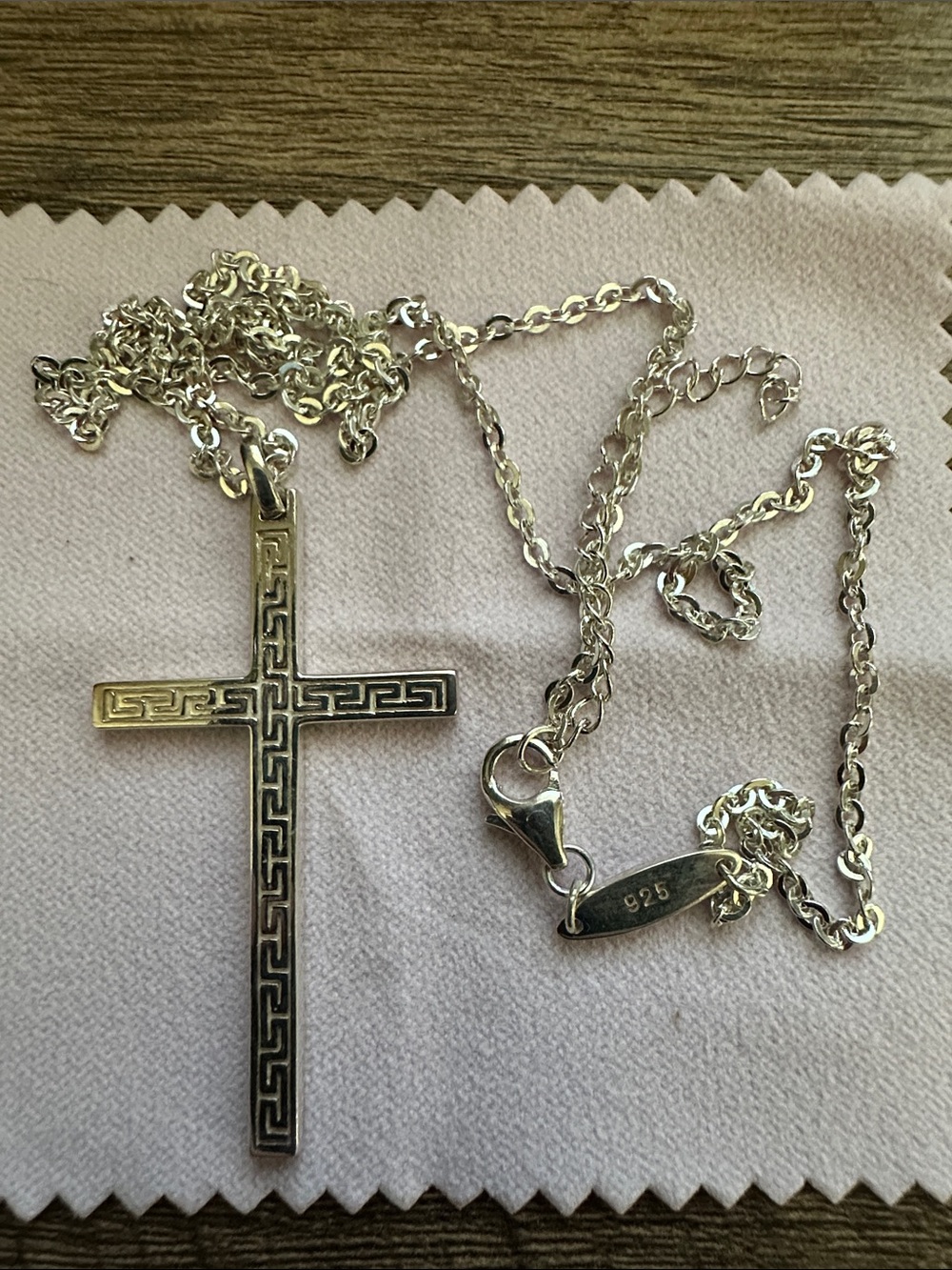 Sterling Silver Greek Key Cross Necklace - Silver